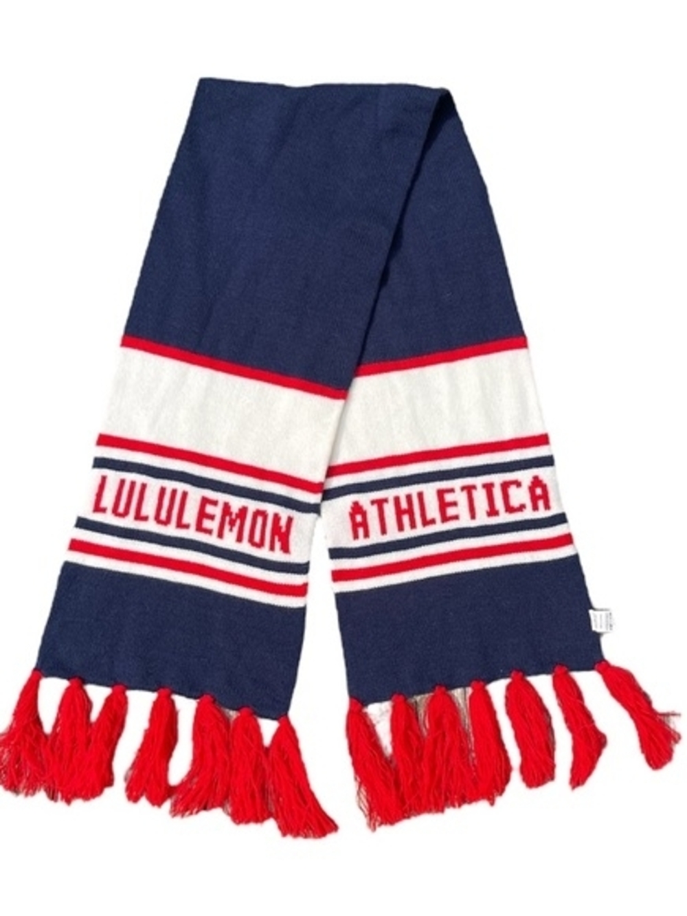 lululemon athletica Navy, White & Red Knit Logo Scarf with Tassels
